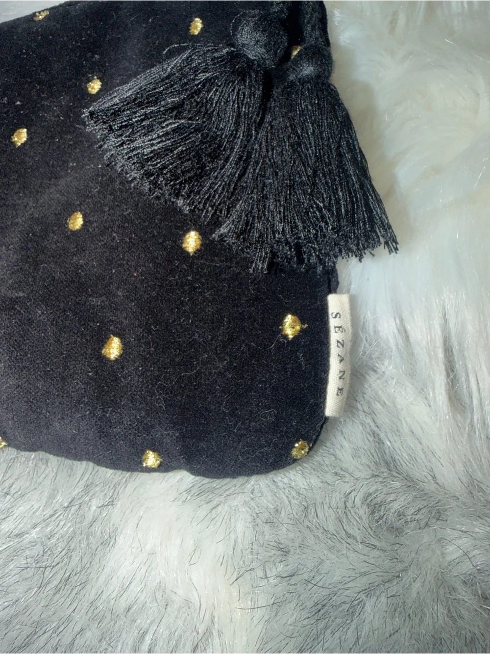 Sézane Black Velvet Tassel Pouch with Gold Studs